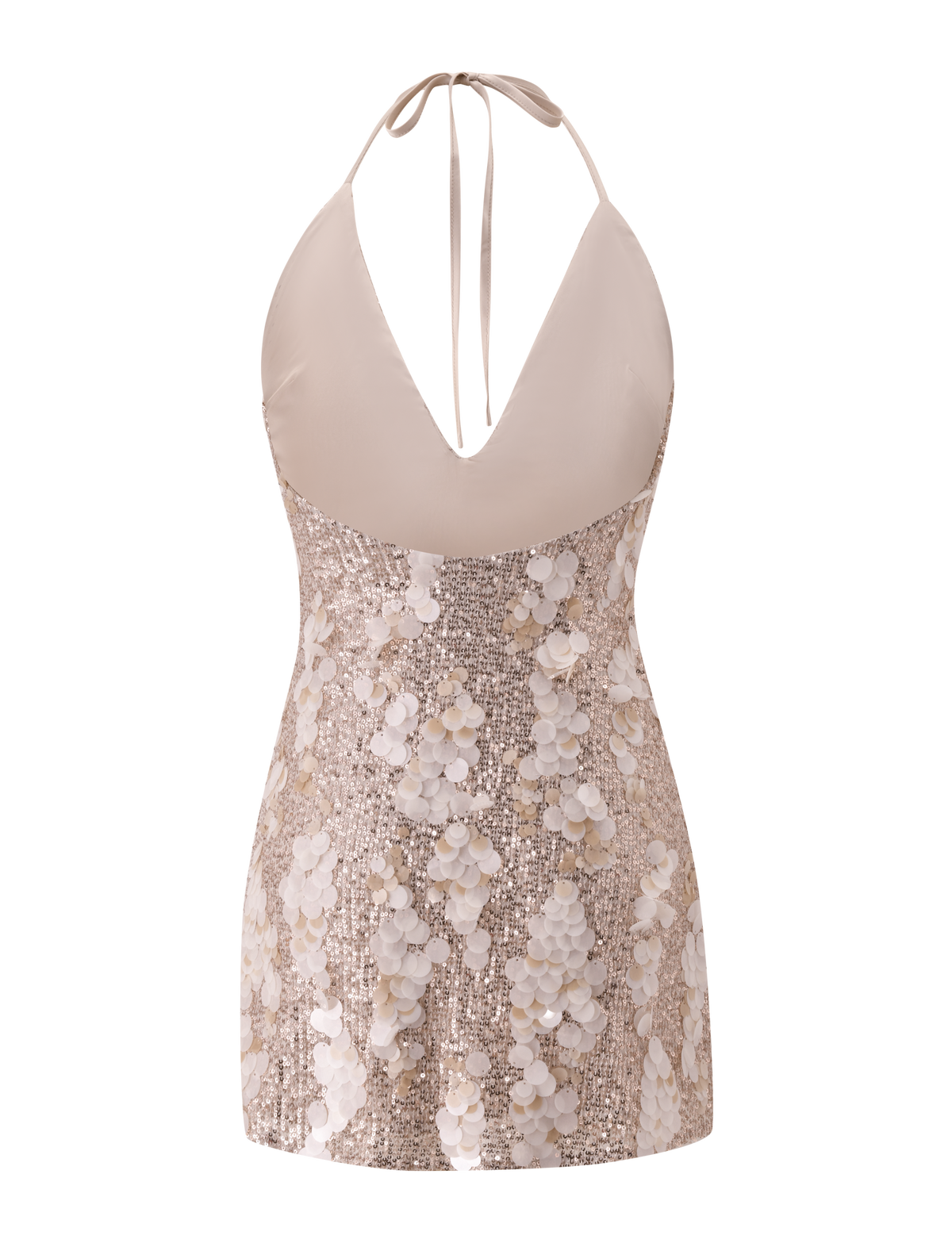 The ZANA MINI DRESS by TIGERMIST is a gold sequin halter neck mini dress with a sleeveless silhouette, deep V-neckline, and a skirt finished with 3D floral embellishments.