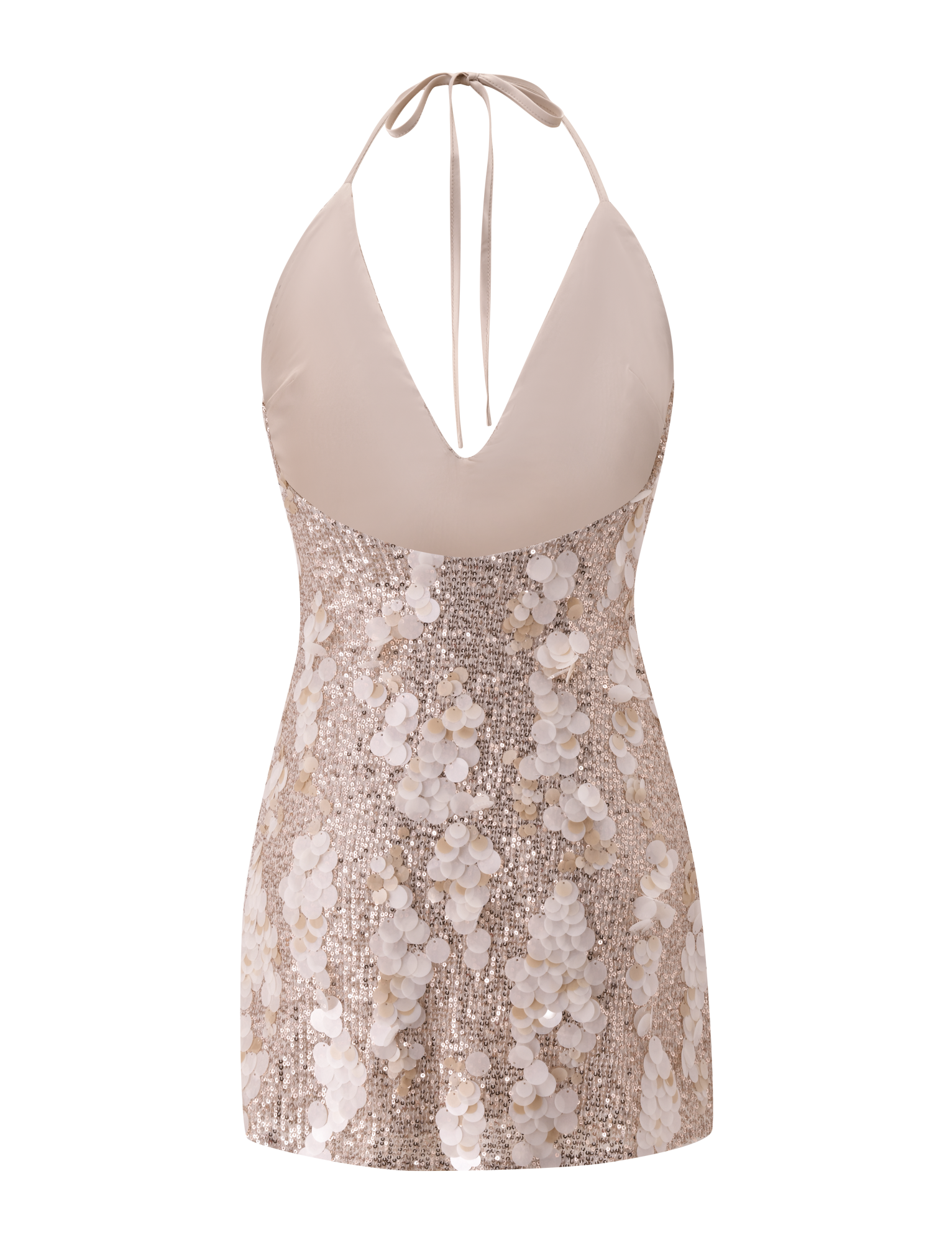 The ZANA MINI DRESS by TIGERMIST is a gold sequin halter neck mini dress with a sleeveless silhouette, deep V-neckline, and a skirt finished with 3D floral embellishments.