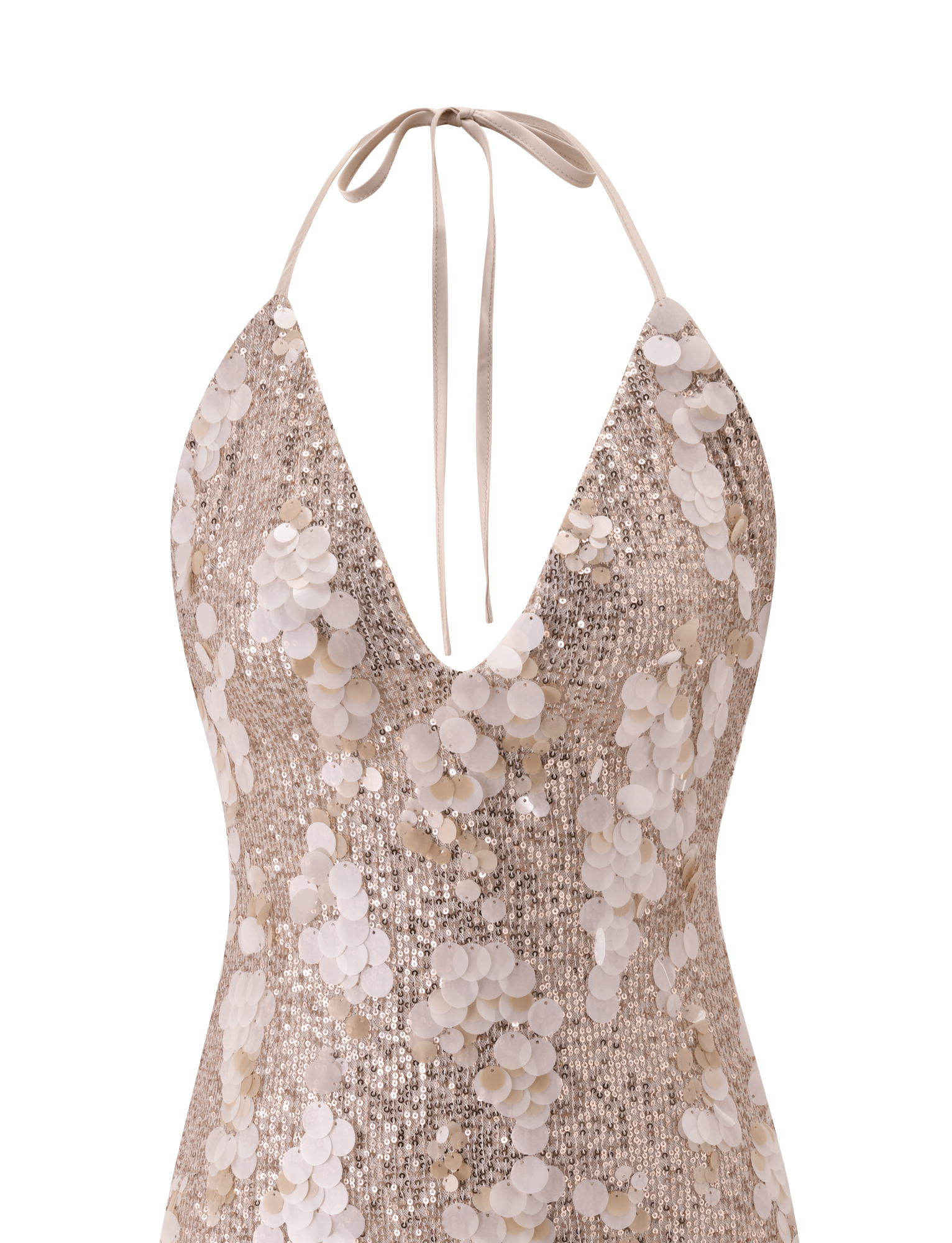A close-up of the TIGERMIST ZANA MINI DRESS in gold, a sleeveless halter neck mini with a V-neck tie, adorned with shiny gold sequins and 3D floral appliqués.