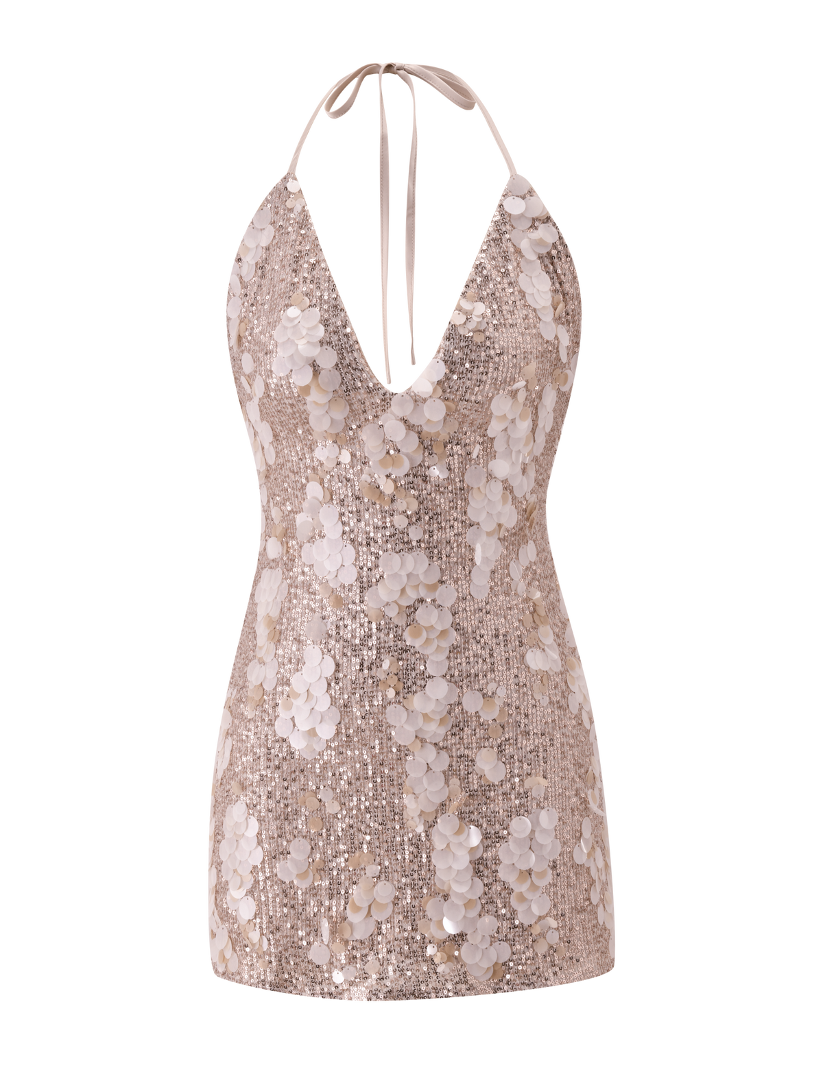 The ZANA MINI DRESS by TIGERMIST is a gold, sleeveless mini dress with a halter and deep V-neckline, adorned with shiny sequins and large circular embellishments.