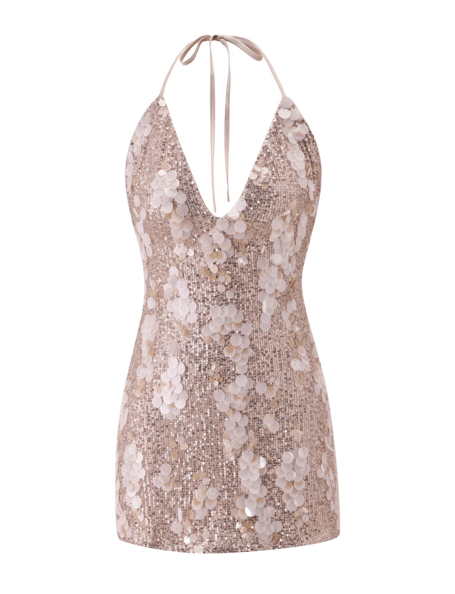 The ZANA MINI DRESS by TIGERMIST is a gold, sleeveless mini dress with a halter and deep V-neckline, adorned with shiny sequins and large circular embellishments.