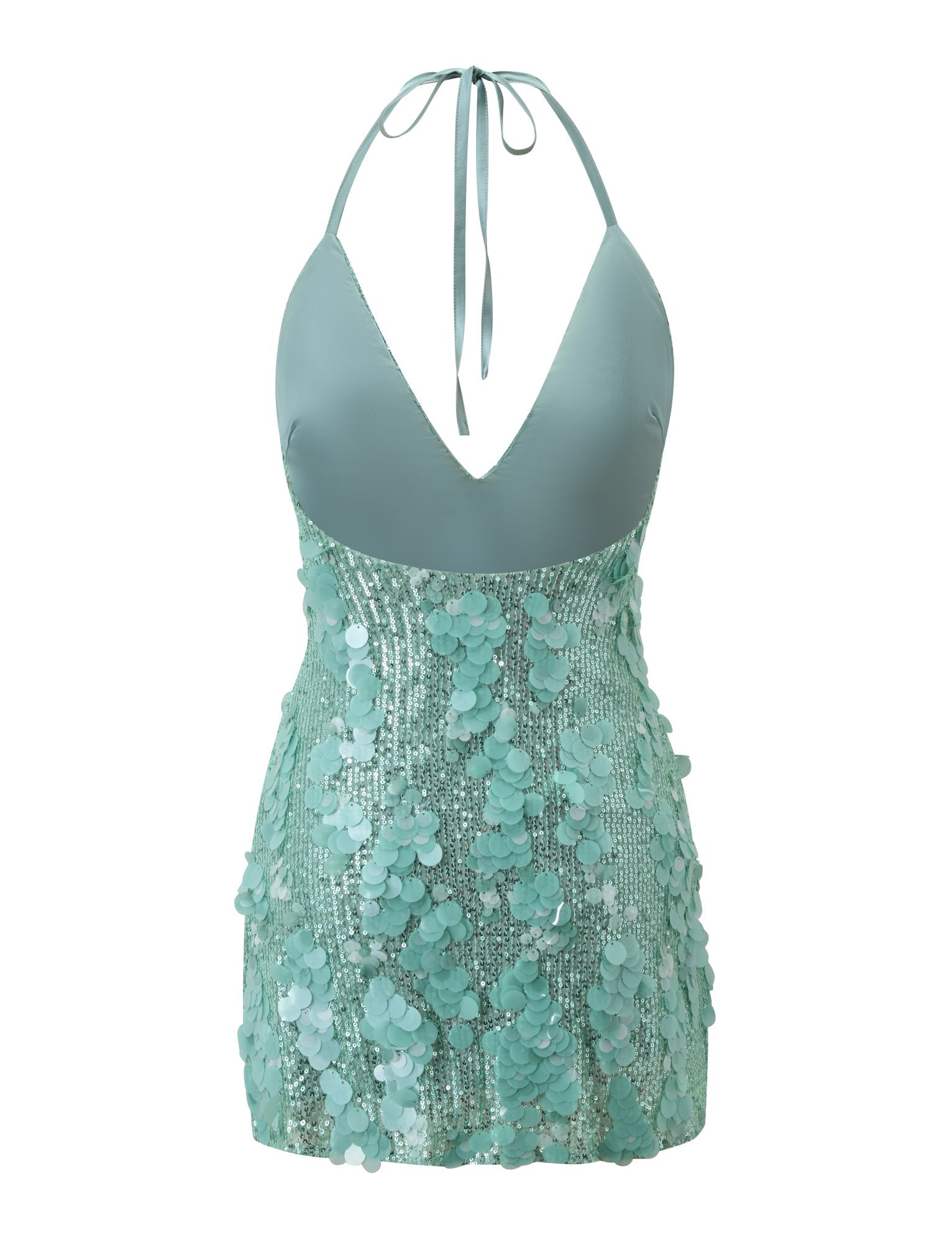 The ZANA MINI DRESS by TIGERMIST is a sleeveless mint sequin dress featuring a halter neck, deep plunging neckline, fitted bodice, and a skirt with large shiny embellishments for a sparkling look.
