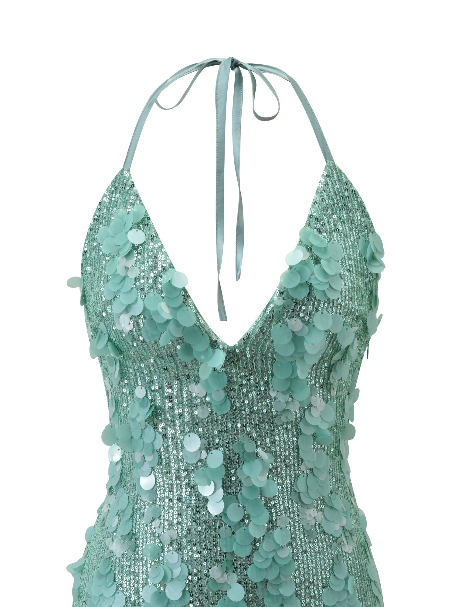 The TIGERMIST ZANA MINI DRESS in mint features a sleeveless, halter-tie design with a plunging neckline and shiny circular sequin embellishments for a sparkling, textured finish.