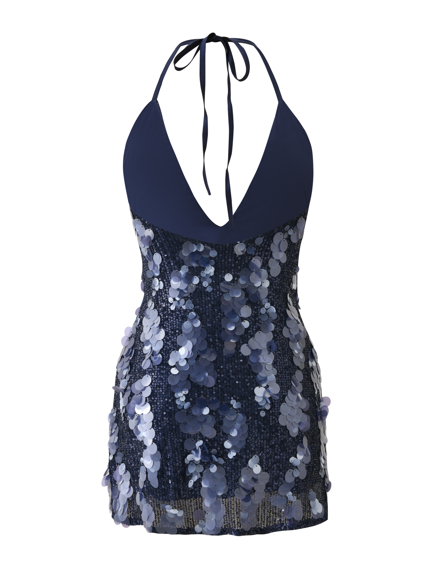 The ZANA MINI DRESS - NAVY SEQUIN by TIGERMIST features a halter neck, plunging neckline, and shimmering blue sequins with a fitted bodice and flowing sequin accents.
