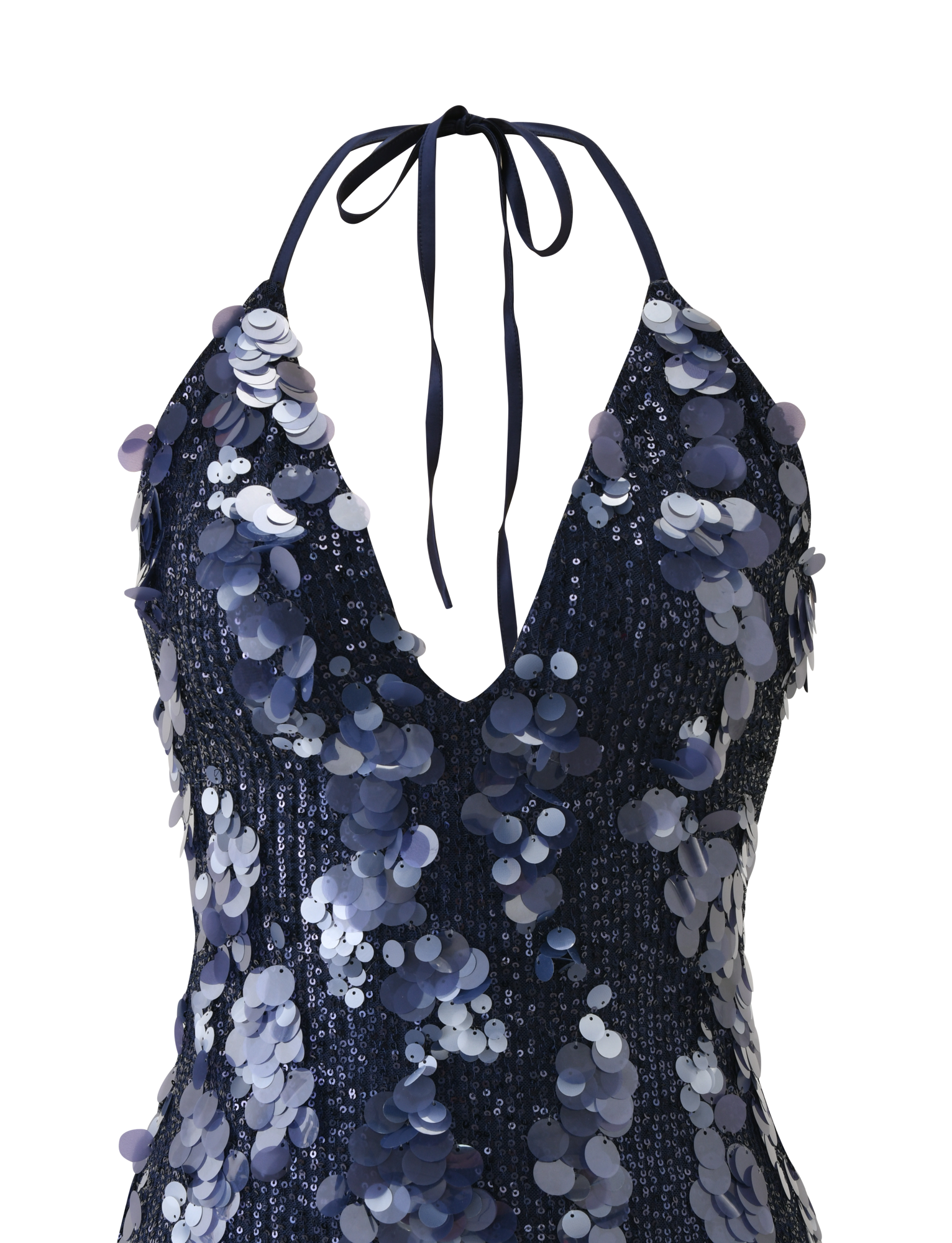 The TIGERMIST ZANA MINI DRESS - NAVY SEQUIN features a halter neck, plunging neckline, tied ribbon straps, and bold silver and blue sequins for a stunning look.