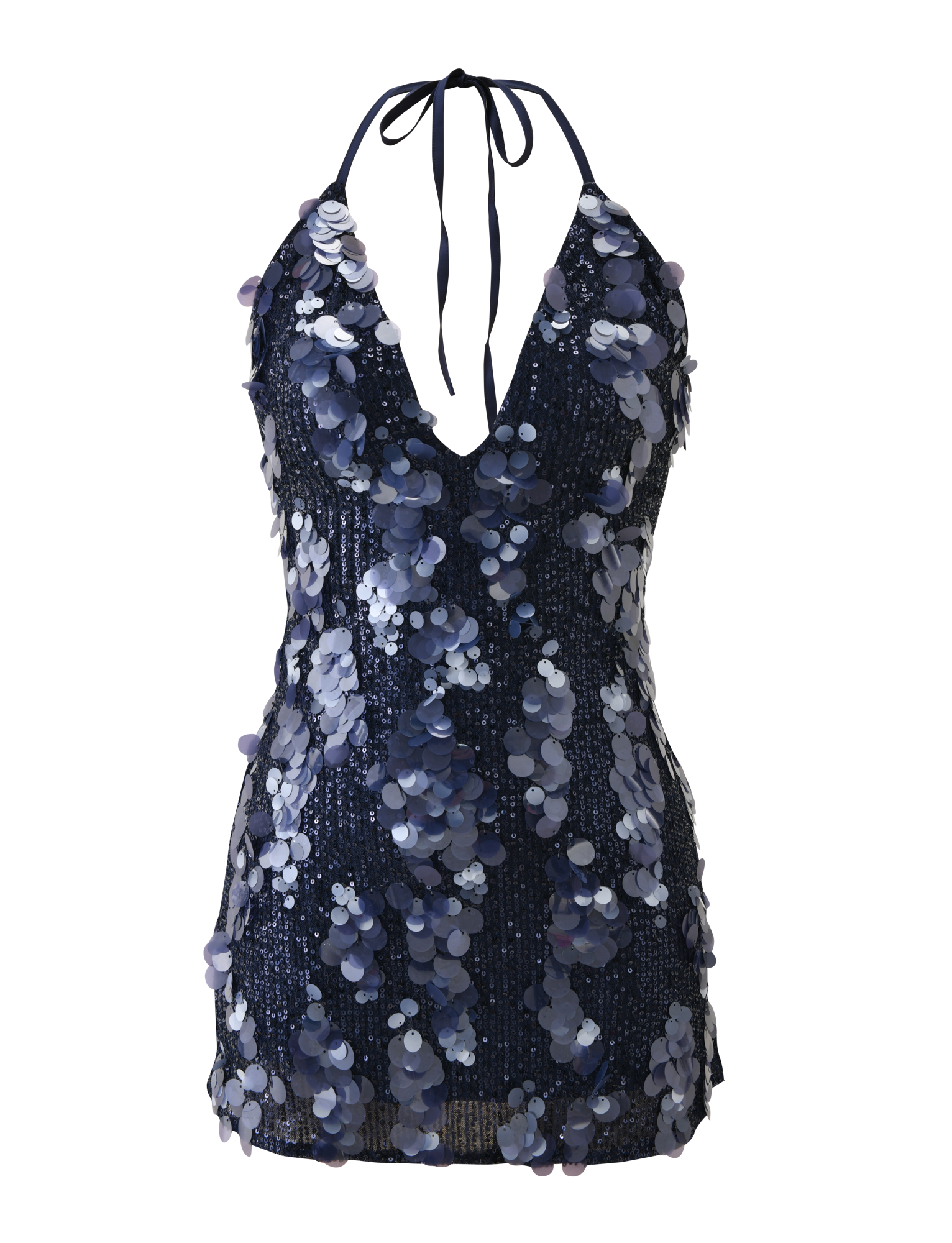 The TIGERMIST ZANA MINI DRESS - NAVY SEQUIN is a sleeveless mini dress featuring a plunging neckline, large shiny sequins, and a halter-neck ribbon tie.