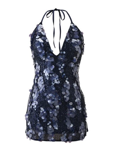 The TIGERMIST ZANA MINI DRESS - NAVY SEQUIN is a sleeveless mini dress featuring a plunging neckline, large shiny sequins, and a halter-neck ribbon tie.