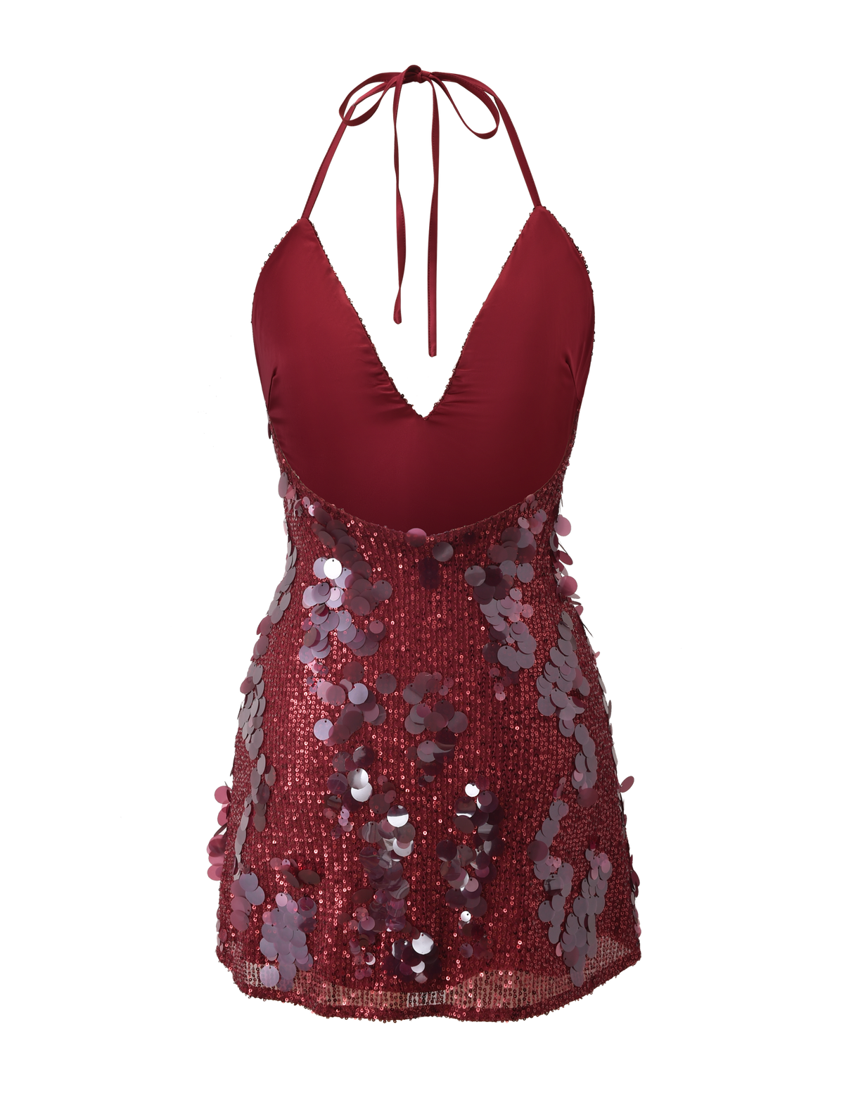 The ZANA MINI DRESS - RED by TIGERMIST is a sleeveless, halter-neck mini dress with a plunging neckline and dazzling red and pink sequins on the lower half for a striking effect.