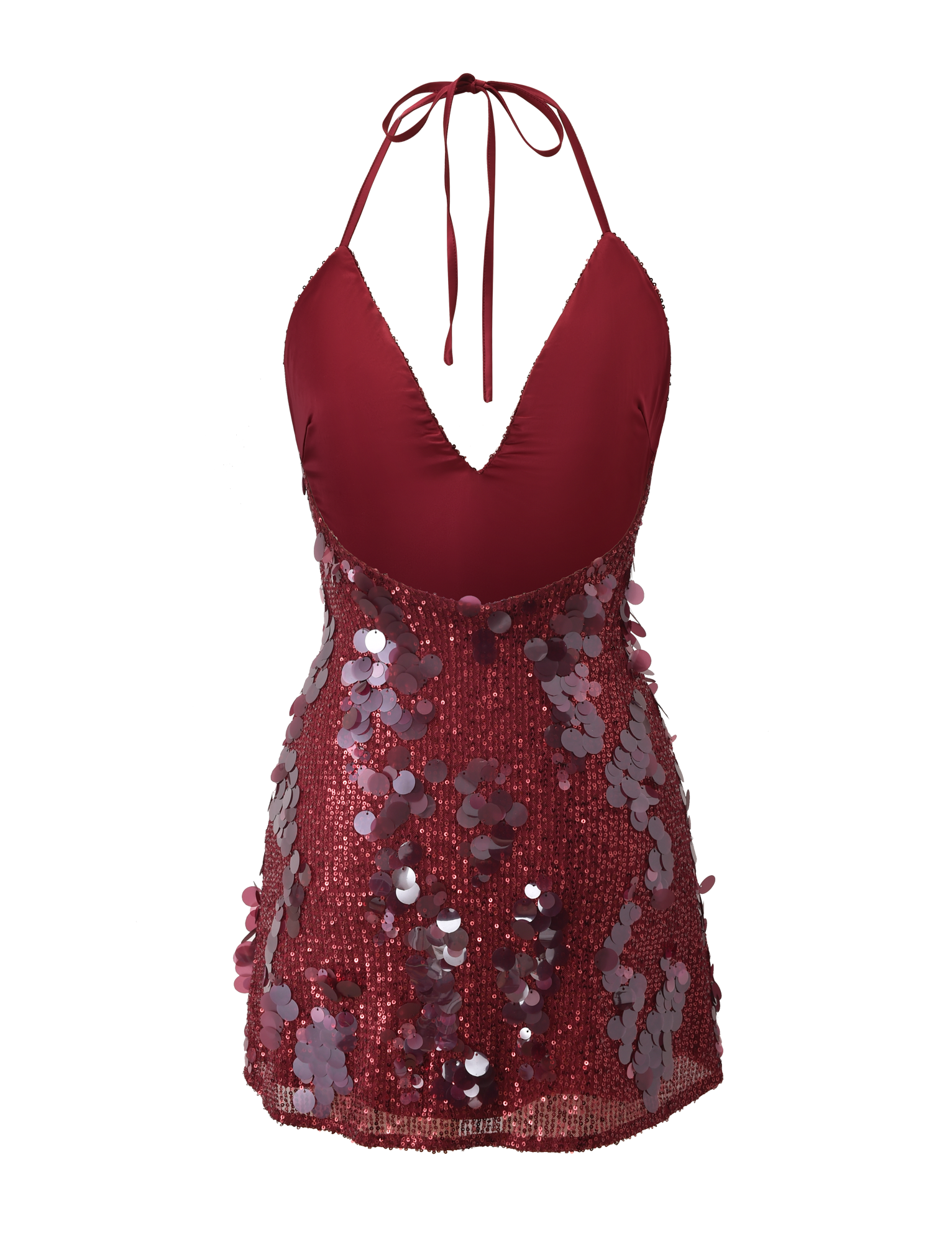 The ZANA MINI DRESS - RED by TIGERMIST is a sleeveless, halter-neck mini dress with a plunging neckline and dazzling red and pink sequins on the lower half for a striking effect.