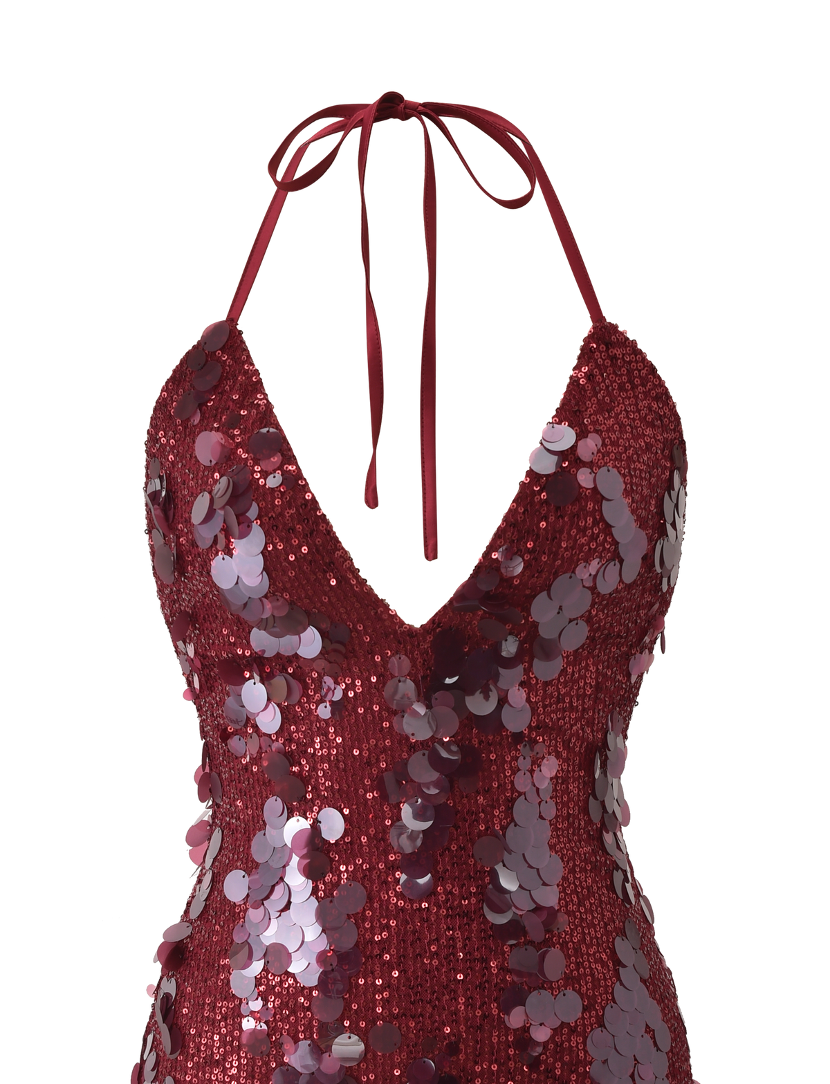 A close-up of the TIGERMIST ZANA MINI DRESS - RED, a sleeveless halter neck with thin tie straps, deep V-neckline, and shiny burgundy sequins with large round paillettes.