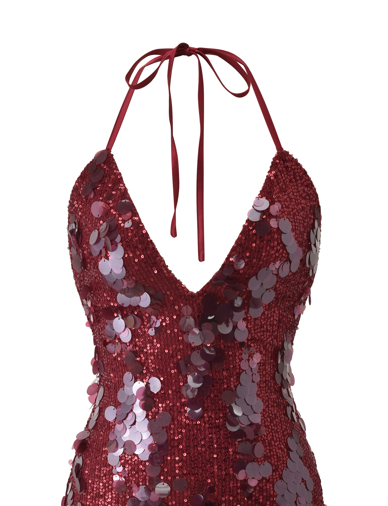 A close-up of the TIGERMIST ZANA MINI DRESS - RED, a sleeveless halter neck with thin tie straps, deep V-neckline, and shiny burgundy sequins with large round paillettes.