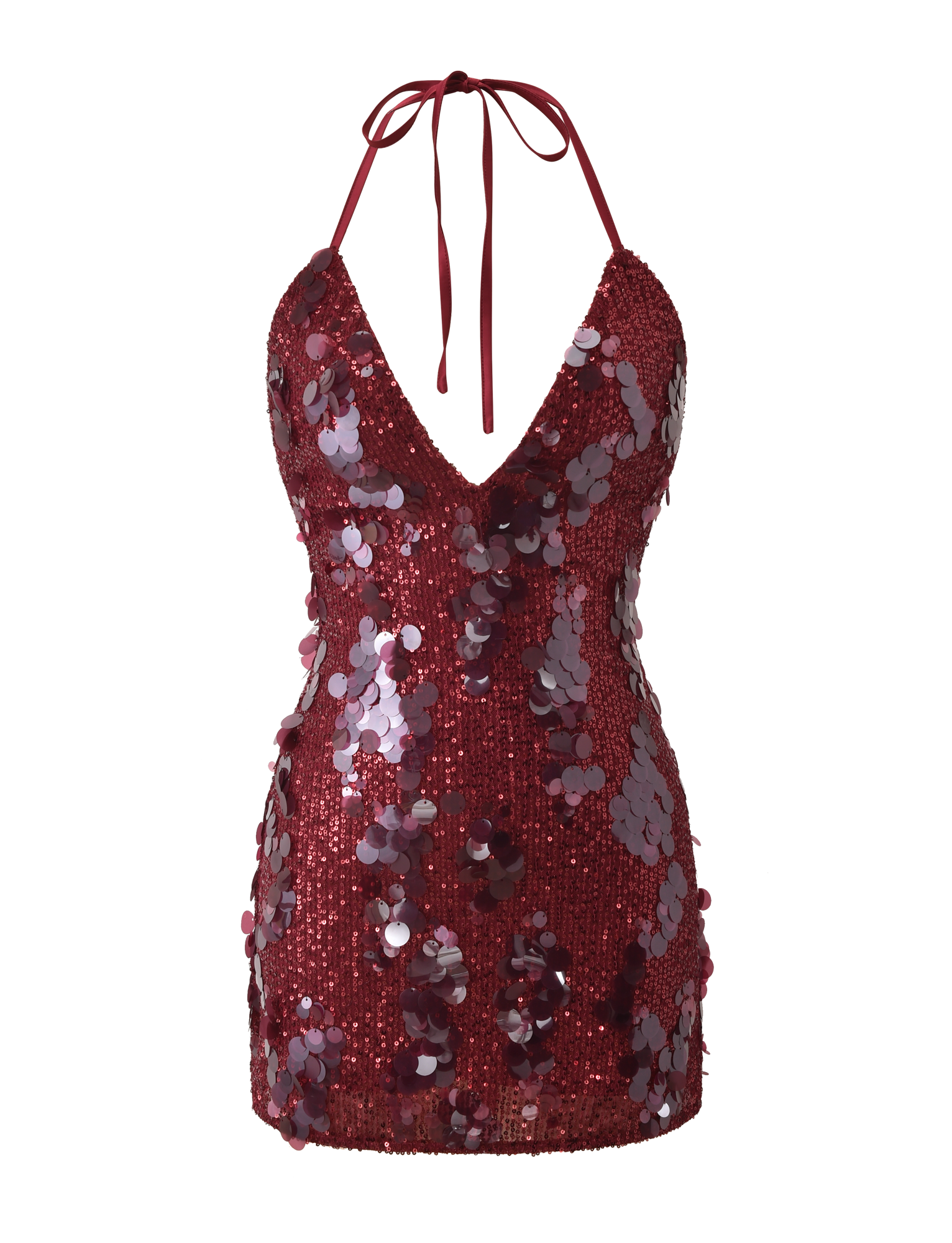 The ZANA MINI DRESS - RED by TIGERMIST features a halter neck, deep V neckline, open back, and is embellished with shiny sequins and paillettes for a glamorous, eye-catching look.