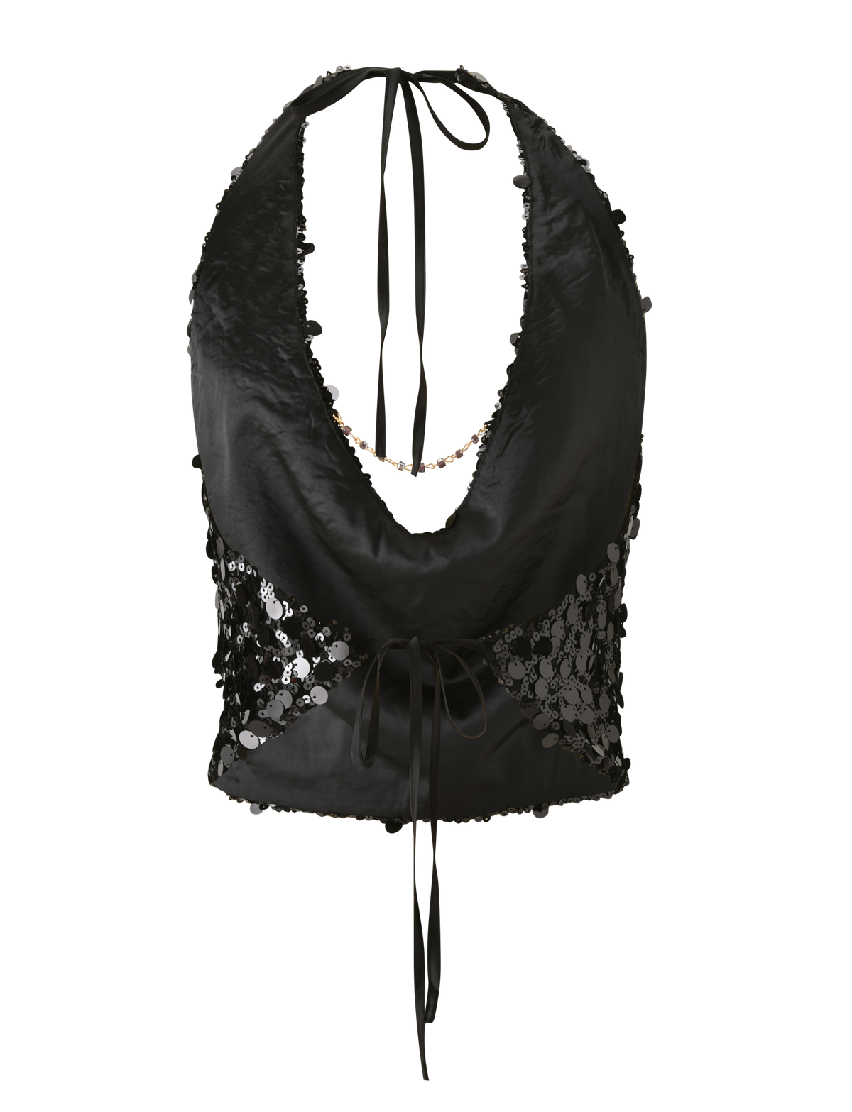 The ZANA TOP by TIGERMIST is a black sequin halter crop top featuring a deep neckline, sheer lace side panels, and a waist tie—an elegant update to the classic style.