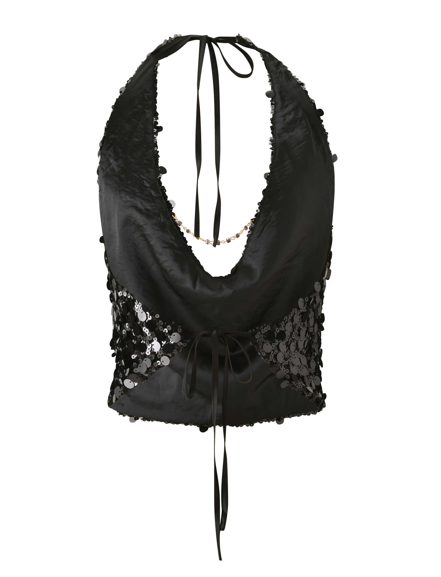 The ZANA TOP by TIGERMIST is a black sequin halter crop top featuring a deep neckline, sheer lace side panels, and a waist tie—an elegant update to the classic style.