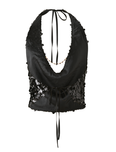 The ZANA TOP by TIGERMIST is a black sequin halter crop top featuring a deep neckline, sheer lace side panels, and a waist tie—an elegant update to the classic style.