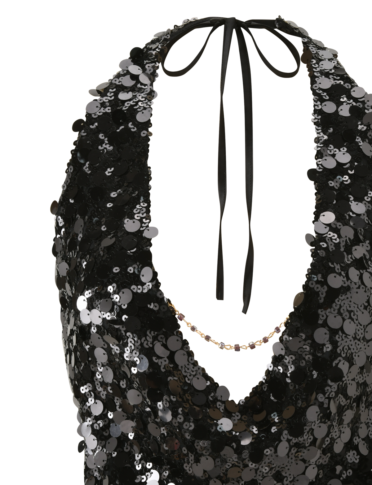 The TIGERMIST ZANA TOP - BLACK SEQUIN is a black halter top with a deep cowl neckline, adorned with shimmering, reflective sequins for a striking look.