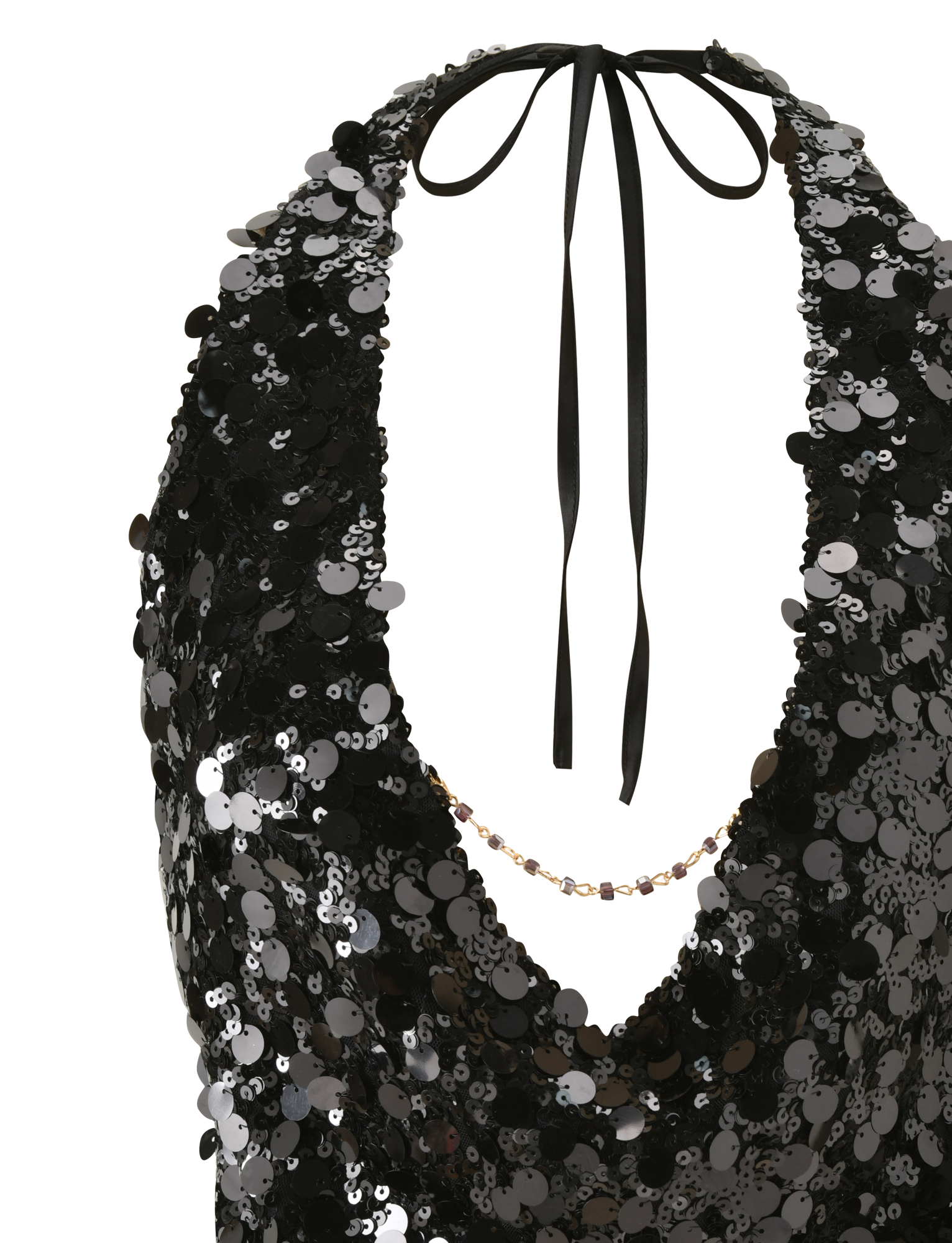 The TIGERMIST ZANA TOP - BLACK SEQUIN is a black halter top with a deep cowl neckline, adorned with shimmering, reflective sequins for a striking look.