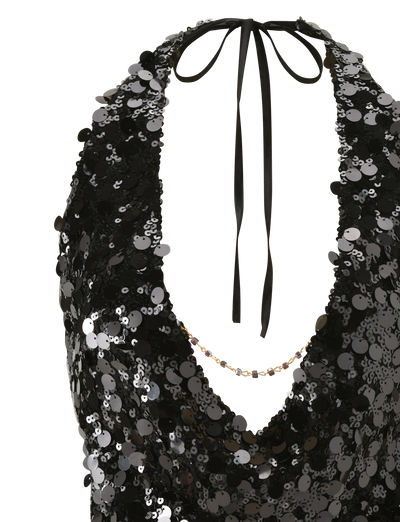 The TIGERMIST ZANA TOP - BLACK SEQUIN is a black halter top with a deep cowl neckline, adorned with shimmering, reflective sequins for a striking look.