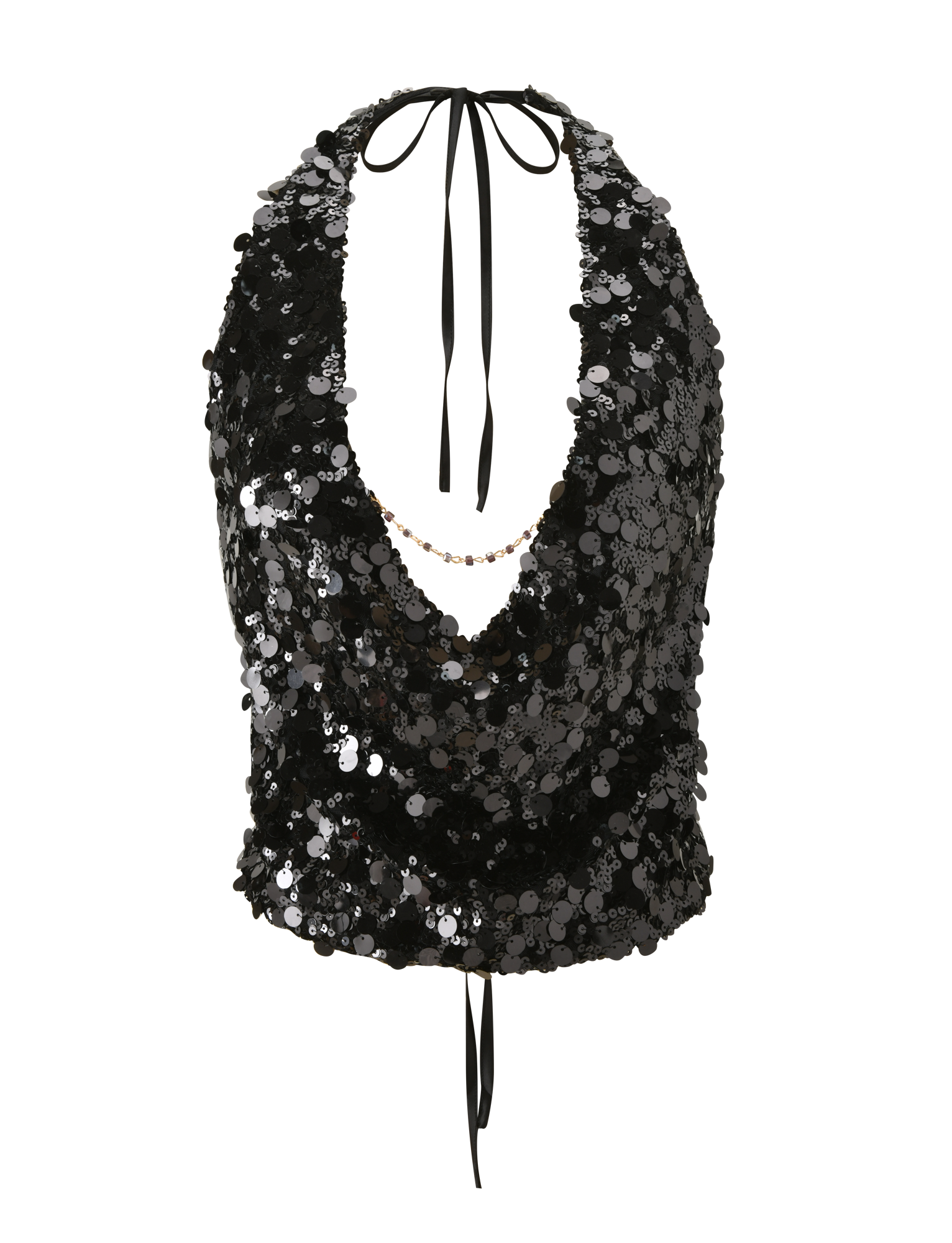 The ZANA TOP - BLACK SEQUIN by TIGERMIST is a sleeveless halter with a deep cowl neck, tie details at the neck and back, and shimmering silver sequins throughout.