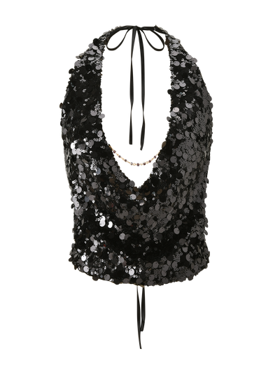 The ZANA TOP - BLACK SEQUIN by TIGERMIST is a sleeveless halter with a deep cowl neck, tie details at the neck and back, and shimmering silver sequins throughout.
