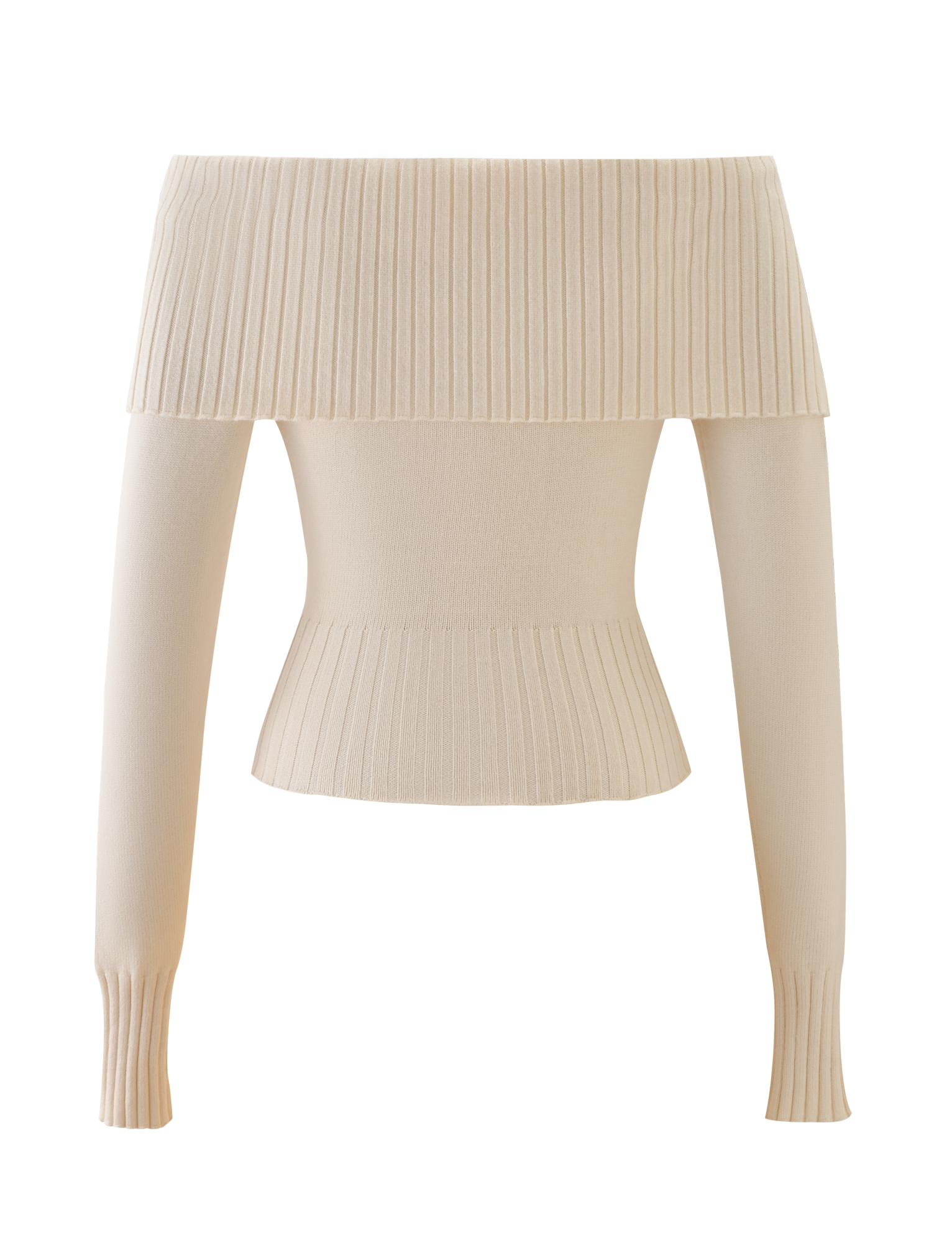 The TIGERMIST KIERA JUMPER in cream features an off-shoulder design with long sleeves and a wide, ribbed fold-over neckline and hem, shown against a plain white background.