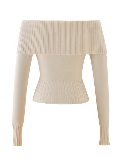The TIGERMIST KIERA JUMPER in cream features an off-shoulder design with long sleeves and a wide, ribbed fold-over neckline and hem, shown against a plain white background.