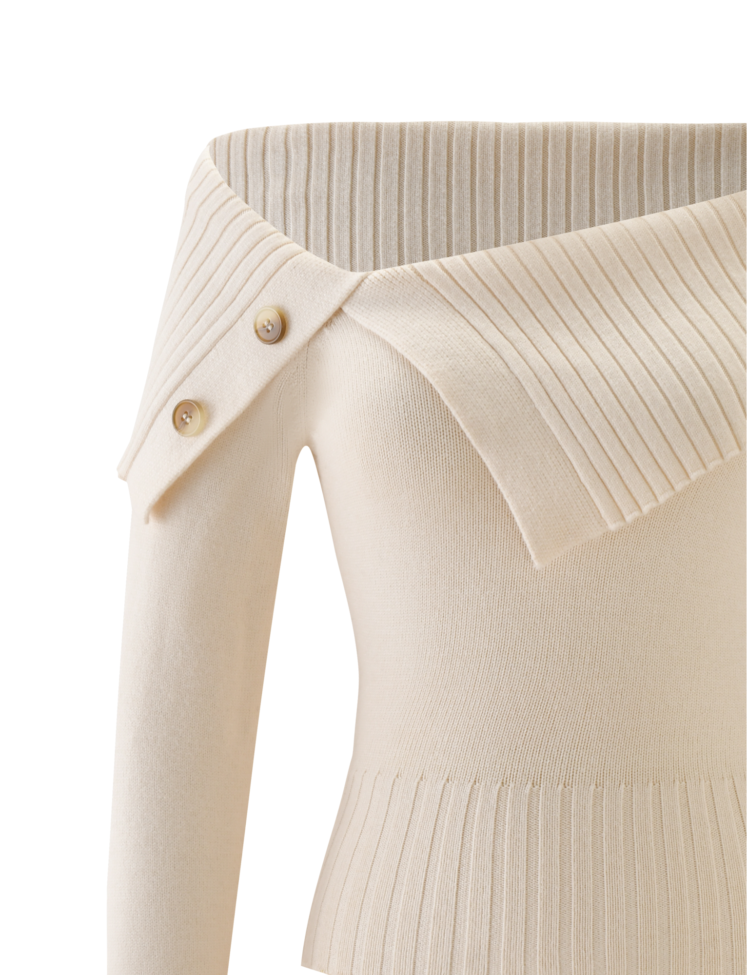 The KIERA JUMPER by TIGERMIST is a cream-colored, off-shoulder knit sweater with a wide folded collar, two decorative side buttons, and detailed ribbing on the collar, cuffs, and hem. The soft ribbed knit fabric adds texture and style.