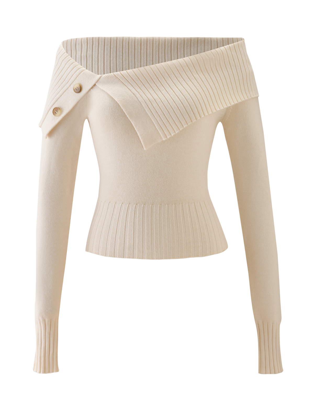 The KIERA JUMPER by TIGERMIST is a cream, long sleeve sweater with an off-the-shoulder asymmetrical ribbed collar, two decorative buttons, and ribbed hem and cuffs.