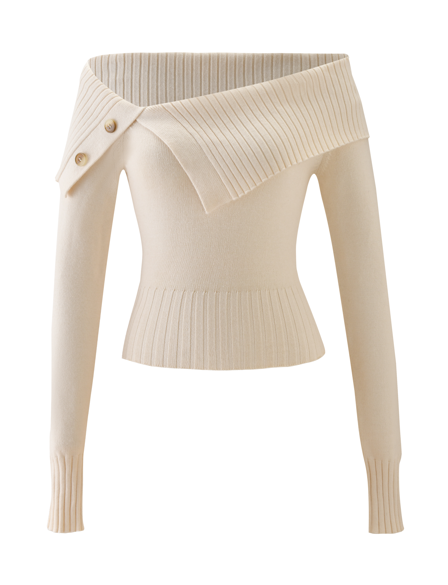 The KIERA JUMPER by TIGERMIST is a cream, long sleeve sweater with an off-the-shoulder asymmetrical ribbed collar, two decorative buttons, and ribbed hem and cuffs.