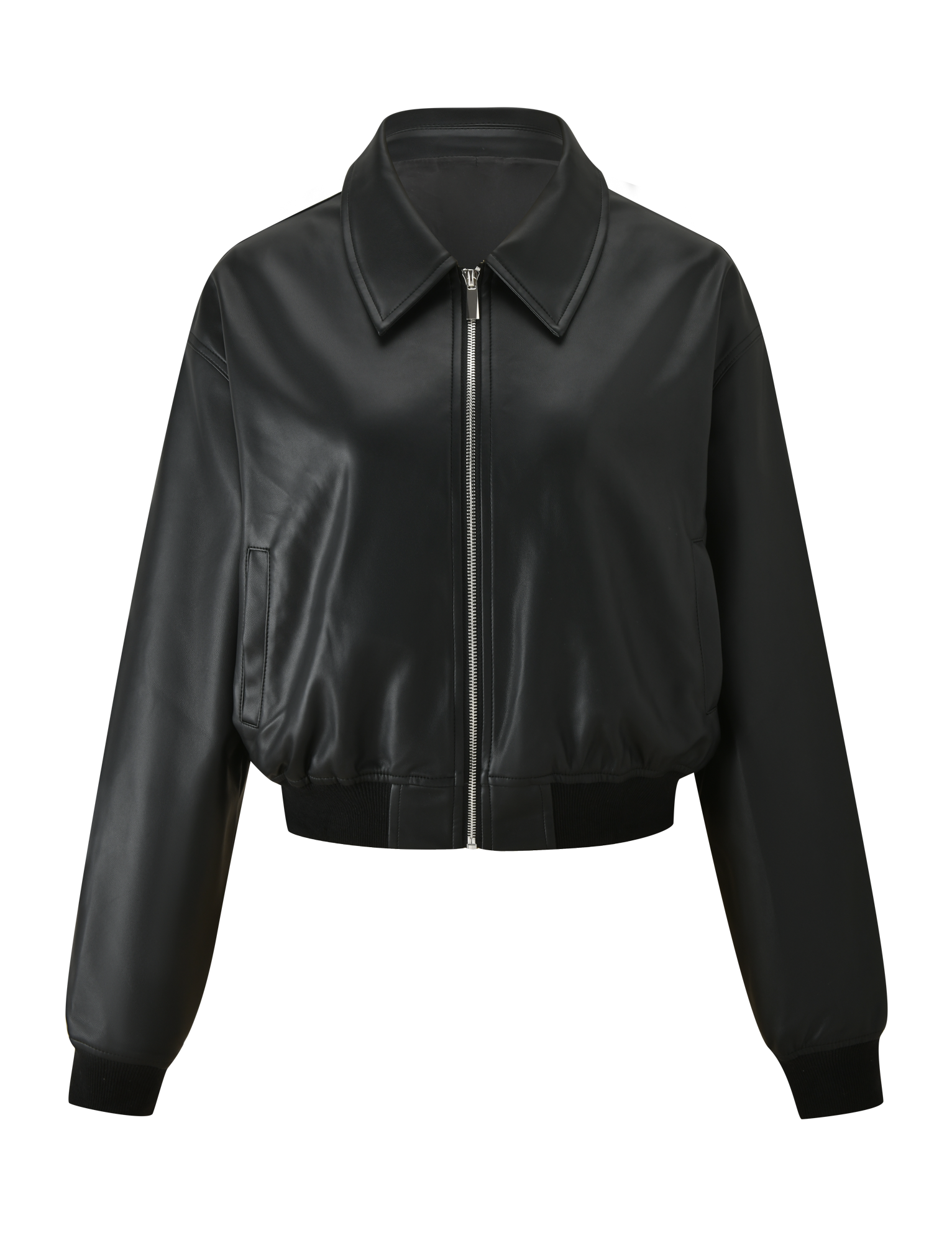 The BEREN JACKET - BLACK by TIGERMIST is a black faux leather bomber made from stretch PU, featuring a front zipper, collared neck, long sleeves, and ribbed cuffs and hem, shown against a white background.