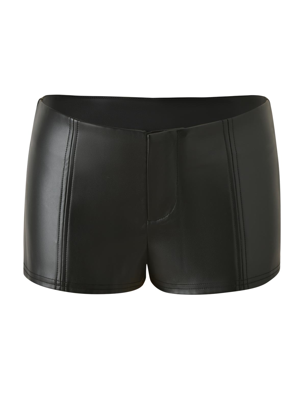 The EMERALD SHORT - BLACK by TIGERMIST features black faux leather with vertical stitched detailing and a smooth, shiny finish, styled like boxer briefs. Displayed against a plain white background.