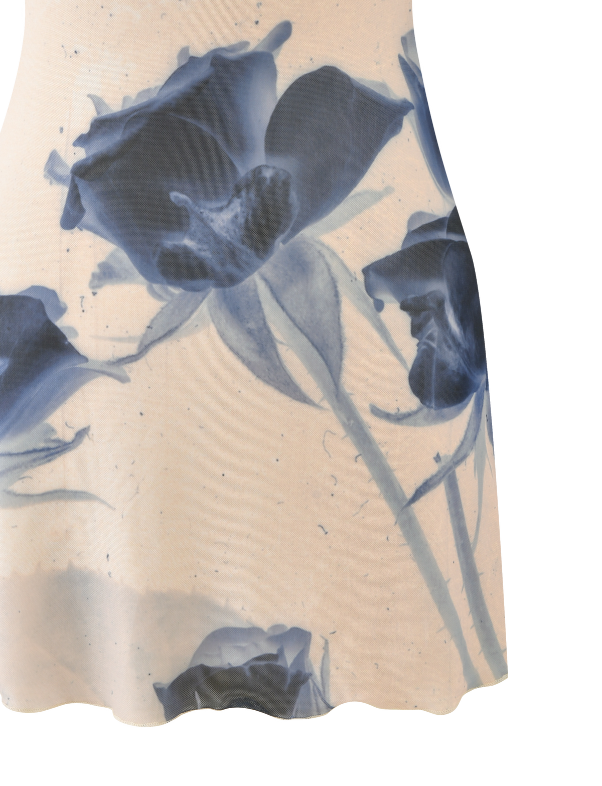 The TIGERMIST ROSY MINI DRESS - INDIGO FLORAL is a light mini dress with a vibrant blue rose print, featuring three prominent roses and a partially visible one near the bottom hem.