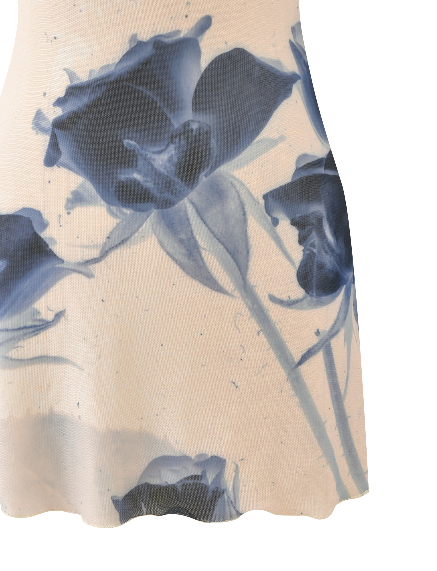 The TIGERMIST ROSY MINI DRESS - INDIGO FLORAL is a light mini dress with a vibrant blue rose print, featuring three prominent roses and a partially visible one near the bottom hem.