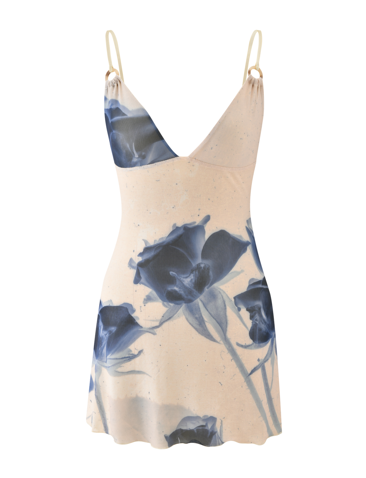 The TIGERMIST ROSY MINI DRESS - INDIGO FLORAL is a sleeveless cream mini dress featuring adjustable cami straps and a striking indigo floral print.