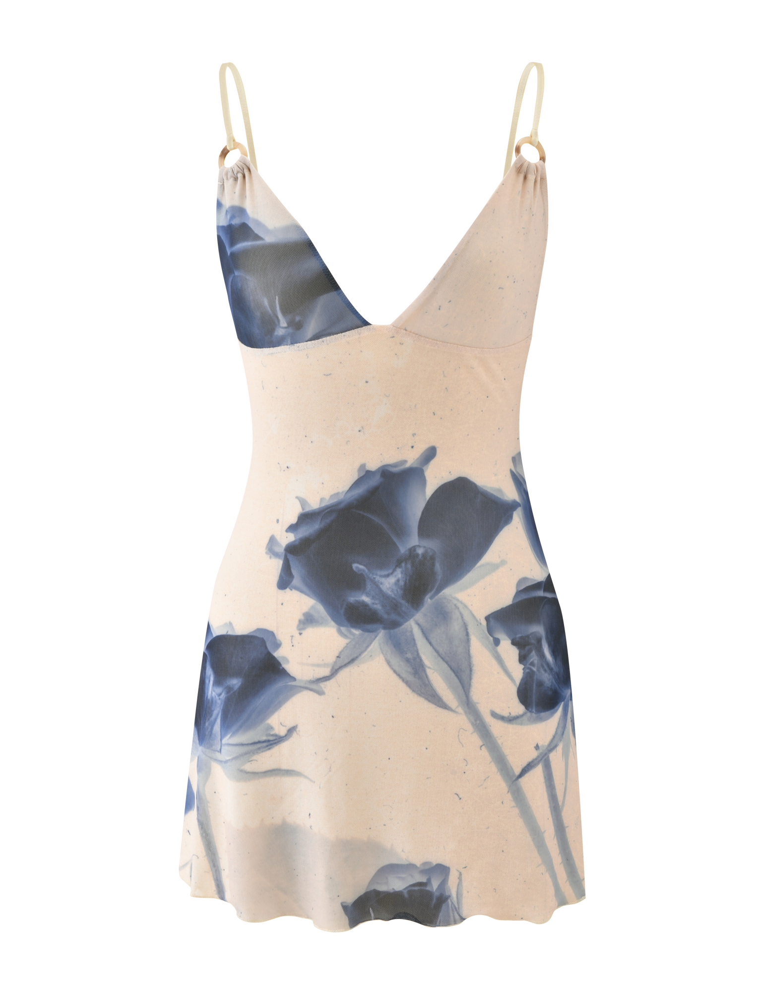 The TIGERMIST ROSY MINI DRESS - INDIGO FLORAL is a sleeveless cream mini dress featuring adjustable cami straps and a striking indigo floral print.