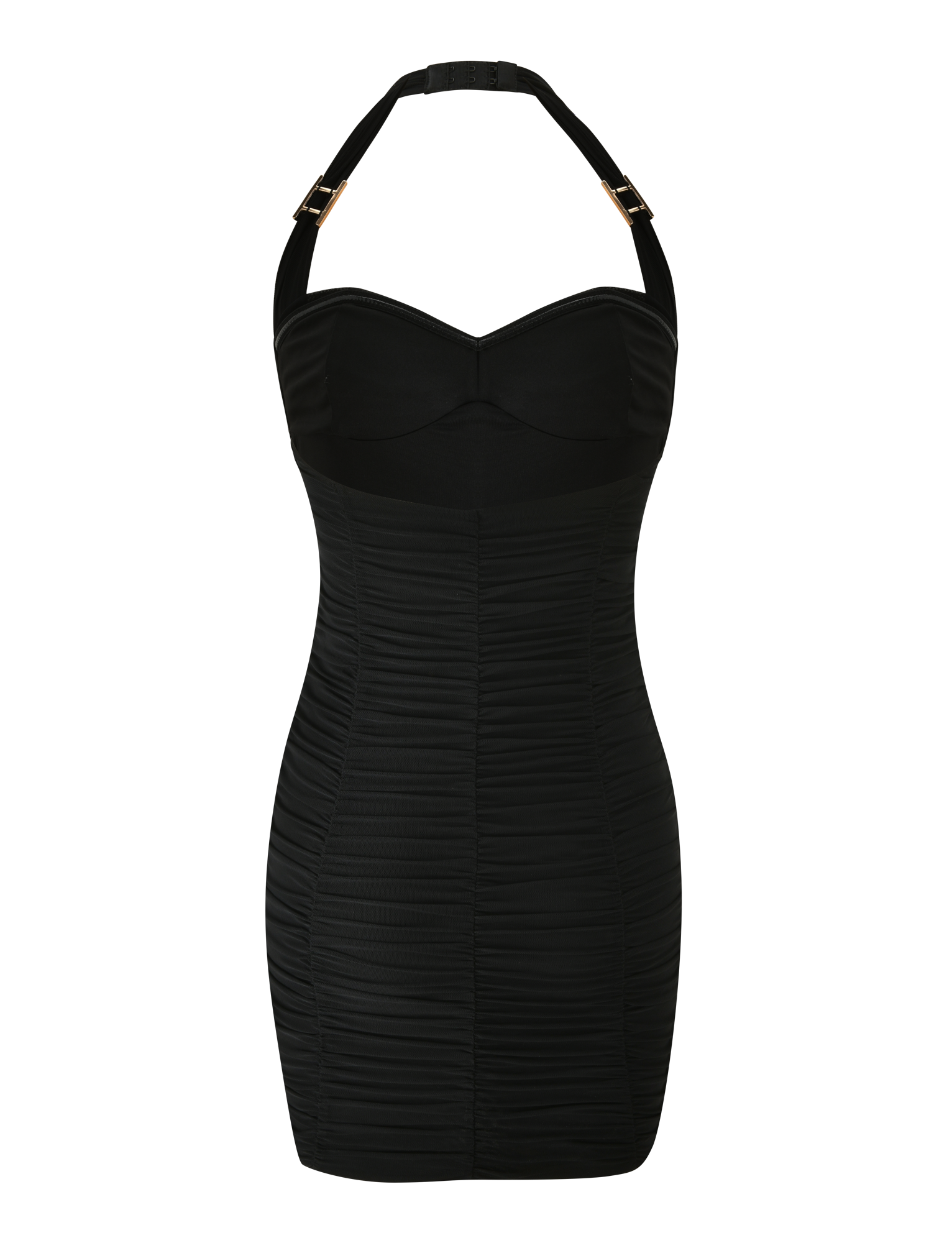 The TIGERMIST BRIALLEN MINI DRESS in black features a fitted, sculpting silhouette with a sweetheart neckline, adjustable halter neck, side and front ruching, and gold buckle strap details, shown on a plain white background.