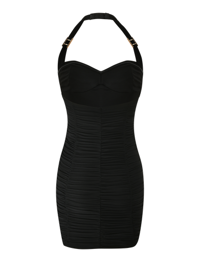 The TIGERMIST BRIALLEN MINI DRESS in black features a fitted, sculpting silhouette with a sweetheart neckline, adjustable halter neck, side and front ruching, and gold buckle strap details, shown on a plain white background.