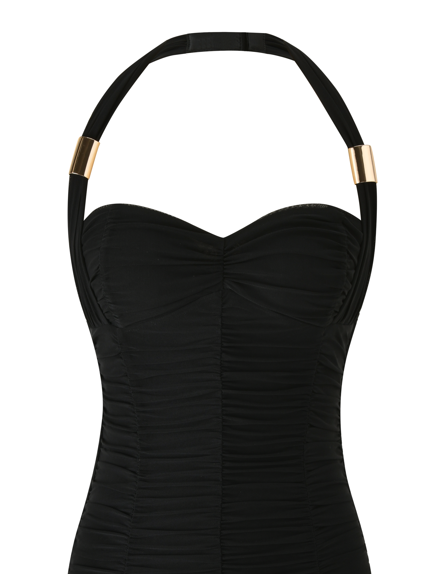 The BRIALLEN MINI DRESS by TIGERMIST is a black, strapless sculpting mini dress with a ruched sweetheart neckline, an adjustable halter neck, and gold metallic accents.