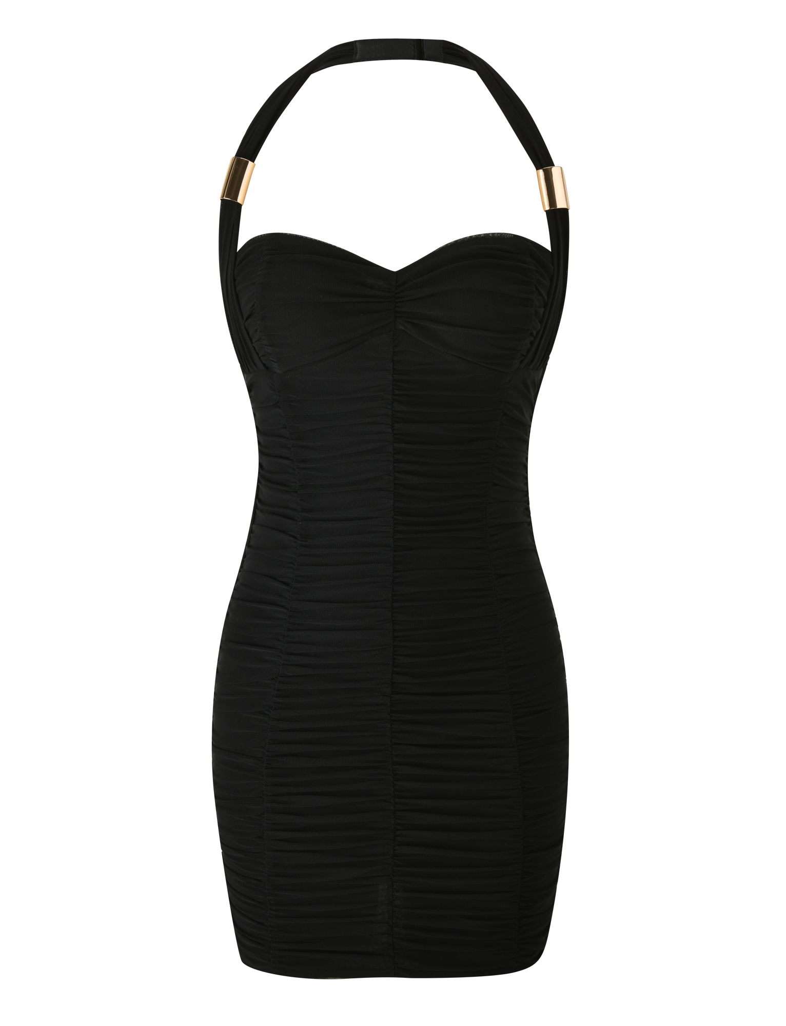 The TIGERMIST BRIALLEN MINI DRESS in black is a strapless, ruched, sculpting mini dress with a sweetheart neckline, an adjustable halter neck with two gold accents on each side, shown on a white background.