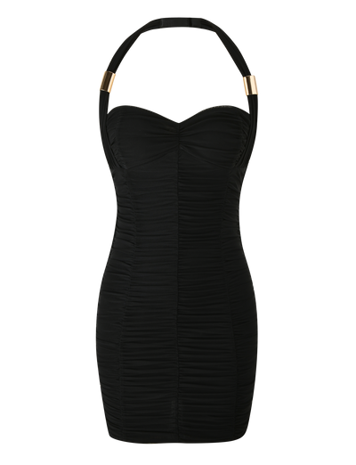 The TIGERMIST BRIALLEN MINI DRESS in black is a strapless, ruched, sculpting mini dress with a sweetheart neckline, an adjustable halter neck with two gold accents on each side, shown on a white background.