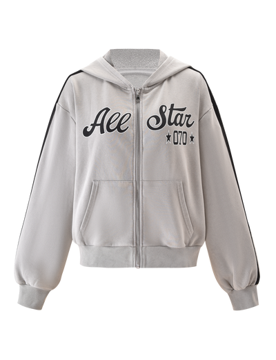 The PAYTON HOODIE - STONE by TIGERMIST is a lightweight terry, vintage-inspired zip-up hoodie in light gray with black "All Star 070" text, star graphics, front pockets, a hood, and bold black sleeve stripes.
