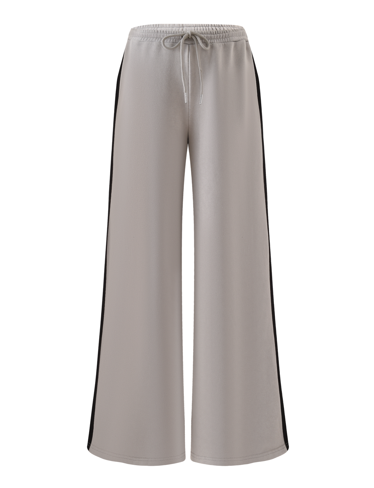 The PAYTON TRACKPANT - STONE by TIGERMIST features a wide-leg fit, light gray cotton fabric, an elastic drawstring waistband, and black side stripes, shown against a plain white background.
