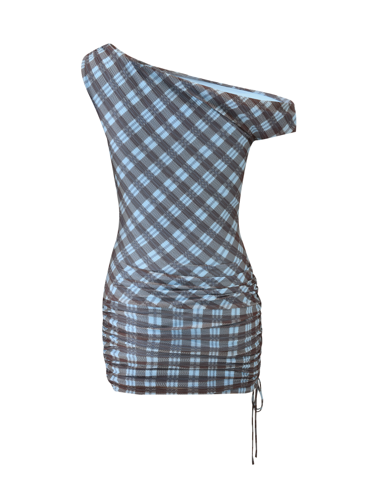 The TIGERMIST WINSLOW MINI DRESS - BLUE CHECK is a fitted, one-shoulder mini dress with a blue and brown plaid pattern, asymmetrical neckline, side ruching, ruched waist, and an adjustable left-side drawstring.