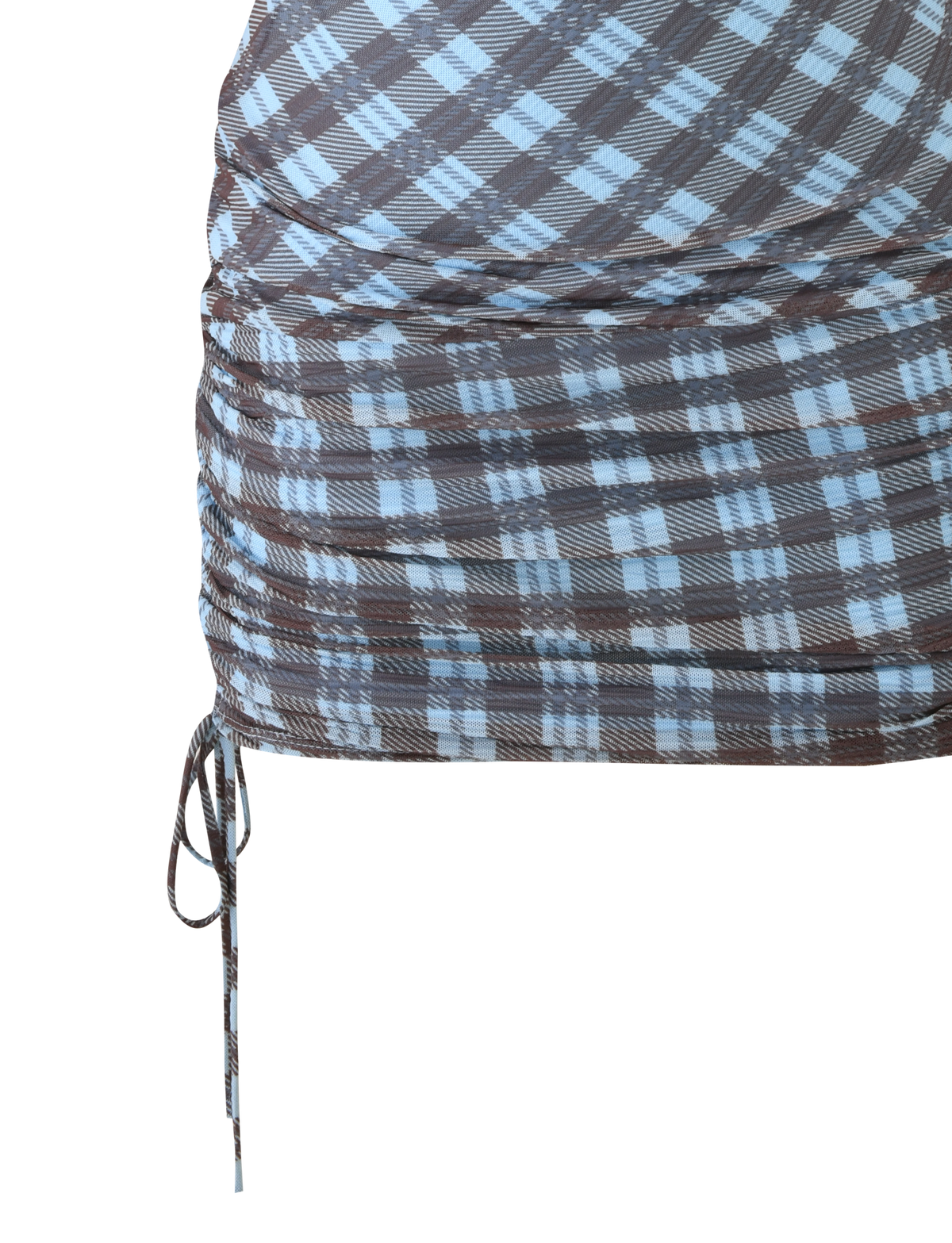 A close-up of the TIGERMIST WINSLOW MINI DRESS in blue check, featuring a ruched waist and side drawstring, displayed against a white background.