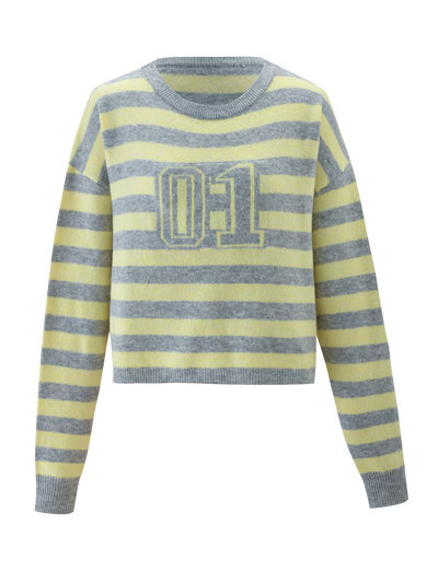The KOA JUMPER by TIGERMIST is a knit sweater with an oversized fit, featuring yellow and gray stripes, a bold "01" print on the front, and solid gray trim on the collar, cuffs, and hem.