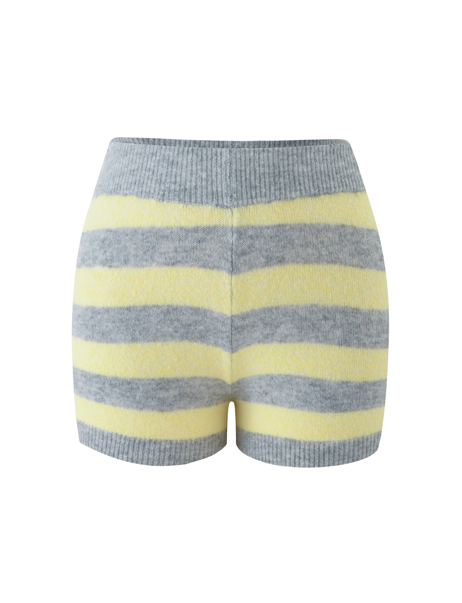 TIGERMIST KOA SHORT - YELLOW AND GREY STRIPE: Knit mid-rise shorts with horizontal grey and yellow stripes, ribbed waistband and hem, shown on a plain white background.