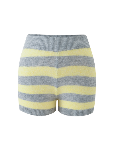 TIGERMIST KOA SHORT - YELLOW AND GREY STRIPE: Knit mid-rise shorts with horizontal grey and yellow stripes, ribbed waistband and hem, shown on a plain white background.