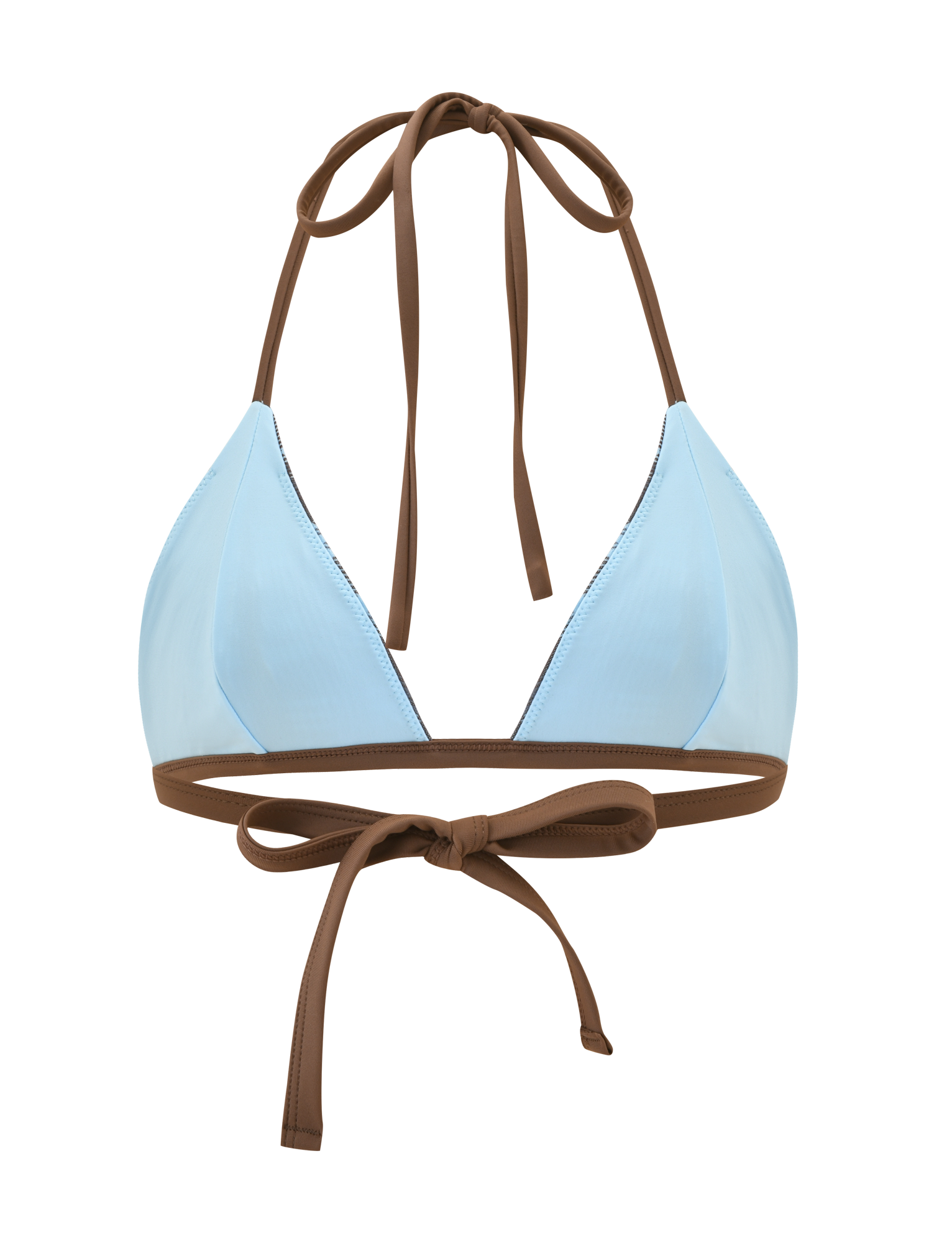 The CITRINE BIKINI TOP - BLUE CHECK by TIGERMIST is a light blue check halter bikini top with brown contrast straps, featuring neck and back ties for adjustable fit. Shown on a plain white background.
