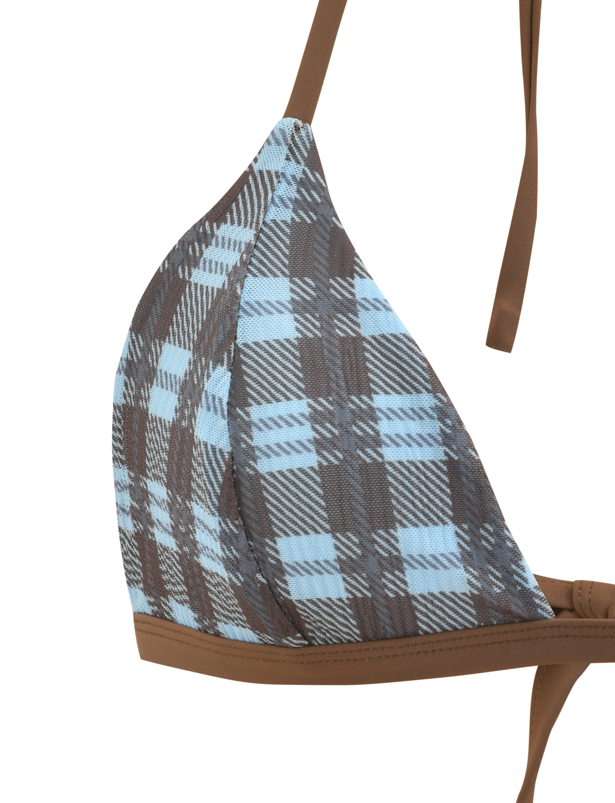 Close-up of the TIGERMIST CITRINE BIKINI TOP - BLUE CHECK with brown contrast straps and an adjustable halter design, shown on a plain white background.