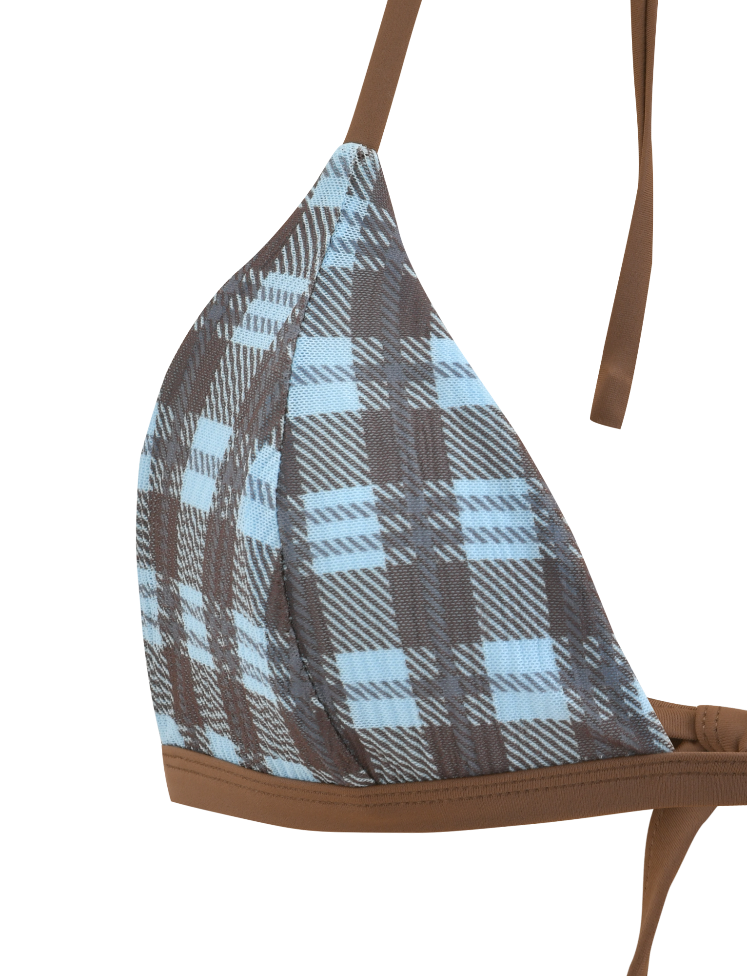 Close-up of the TIGERMIST CITRINE BIKINI TOP - BLUE CHECK with brown contrast straps and an adjustable halter design, shown on a plain white background.